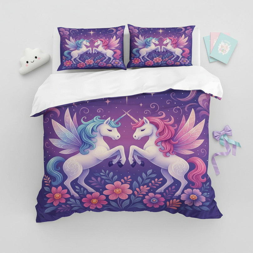 purple winged unicorn bedding - flat-lay