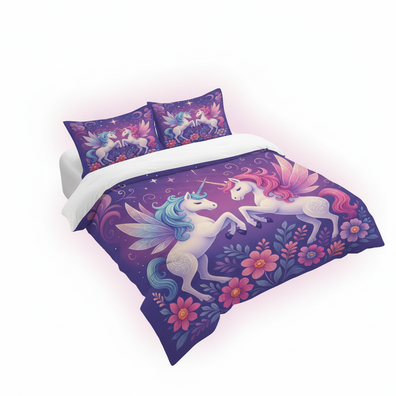 purple winged unicorn bedding - white-bg