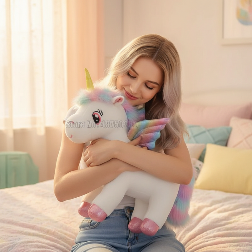 rainbow angel unicorn plush - in-use