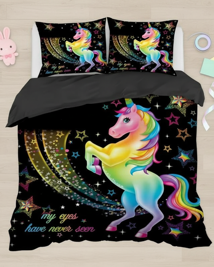 rainbow believe star unicorn bedding - flat-lay