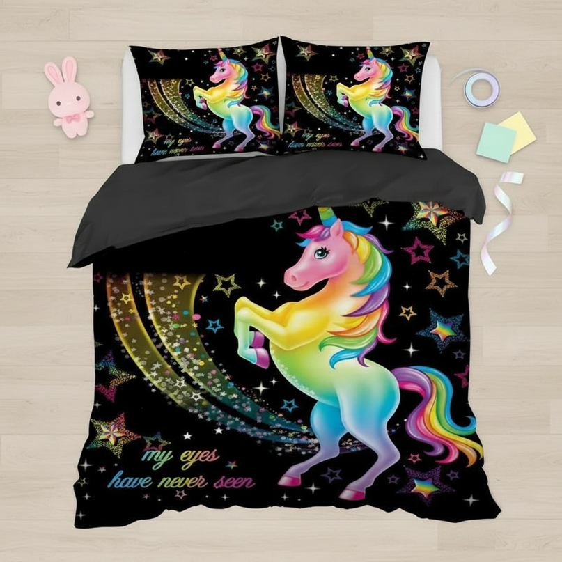 rainbow believe star unicorn bedding - flat-lay