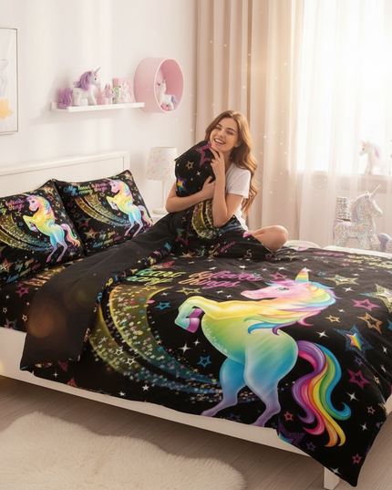 rainbow believe star unicorn bedding - in-use
