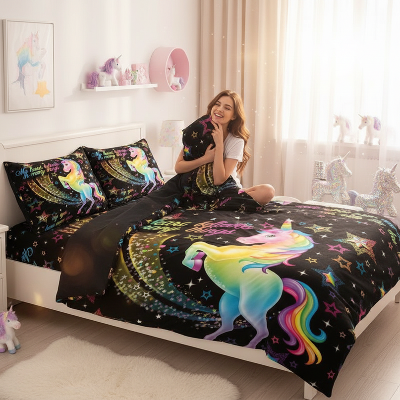 rainbow believe star unicorn bedding - in-use