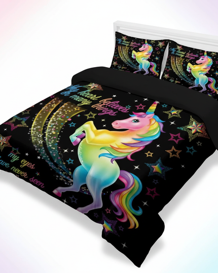 rainbow believe star unicorn bedding - white-bg