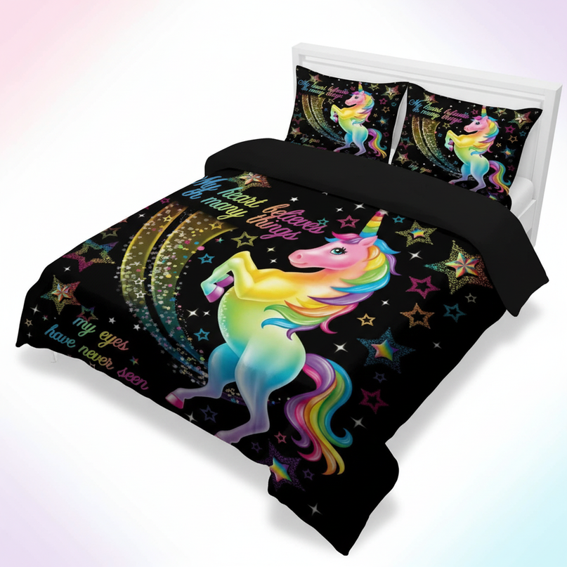 rainbow believe star unicorn bedding - white-bg