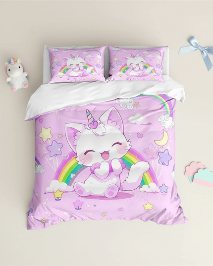 rainbow caticorn bedding - flat-lay