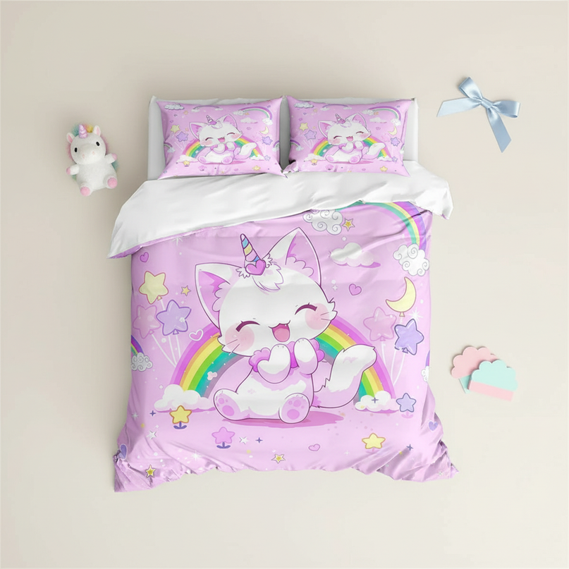 rainbow caticorn bedding - flat-lay