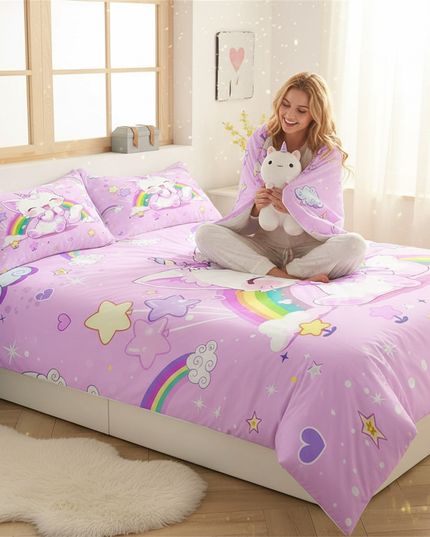 rainbow caticorn bedding - in-use