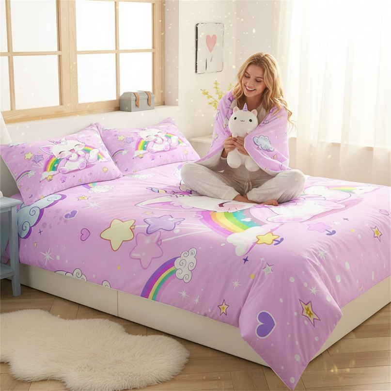 rainbow caticorn bedding - in-use