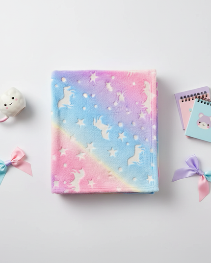 rainbow fleece unicorn blanket - flat-lay