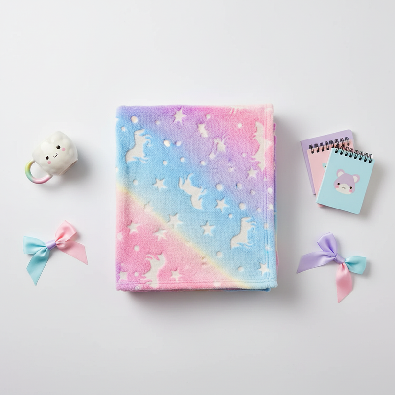 rainbow fleece unicorn blanket - flat-lay