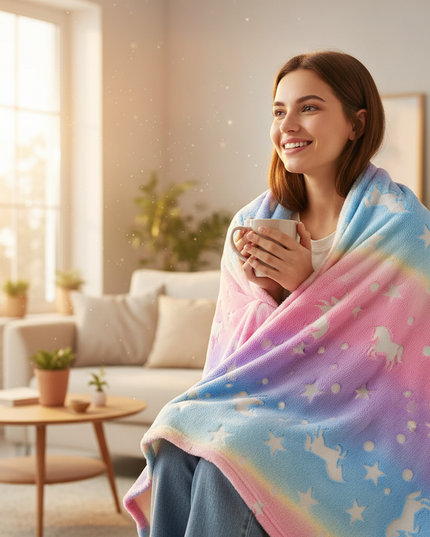 rainbow fleece unicorn blanket - in-use