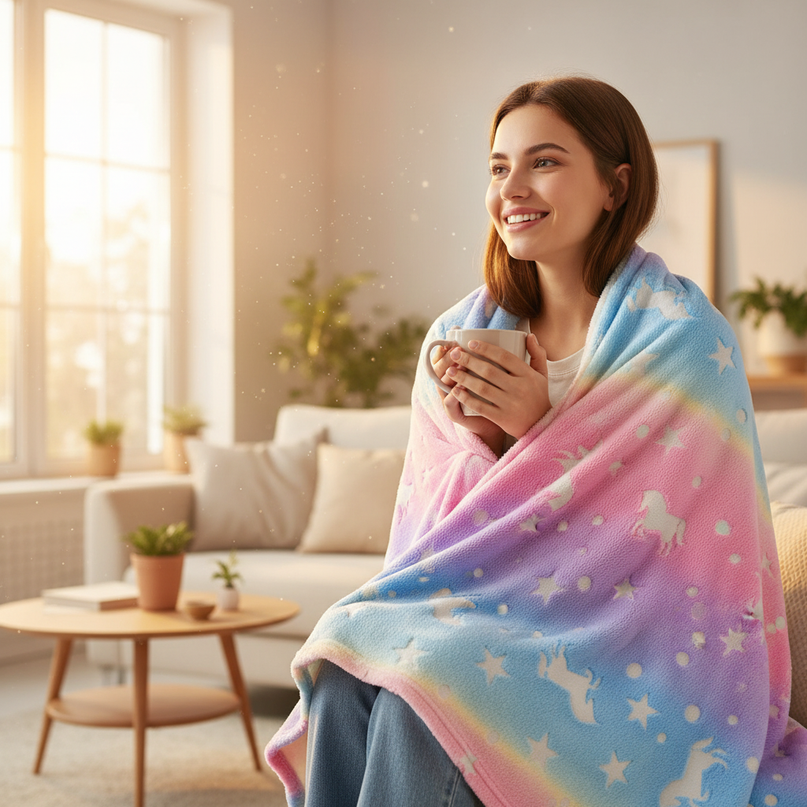 rainbow fleece unicorn blanket - in-use