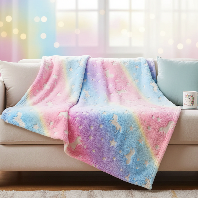 rainbow fleece unicorn blanket - lifestyle