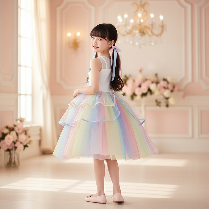 rainbow flower girl unicorn dress - back