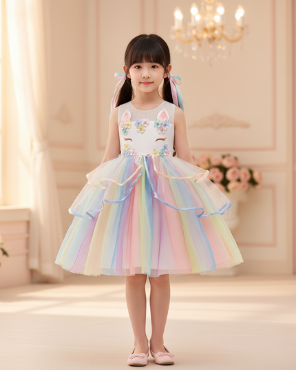 rainbow flower girl unicorn dress - detail
