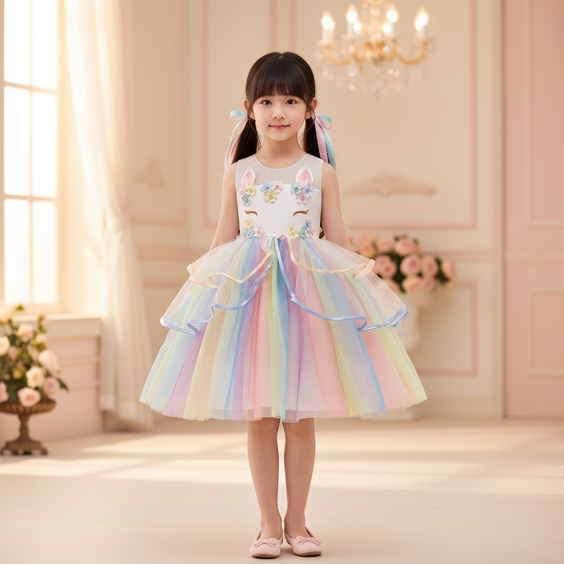 rainbow flower girl unicorn dress - detail