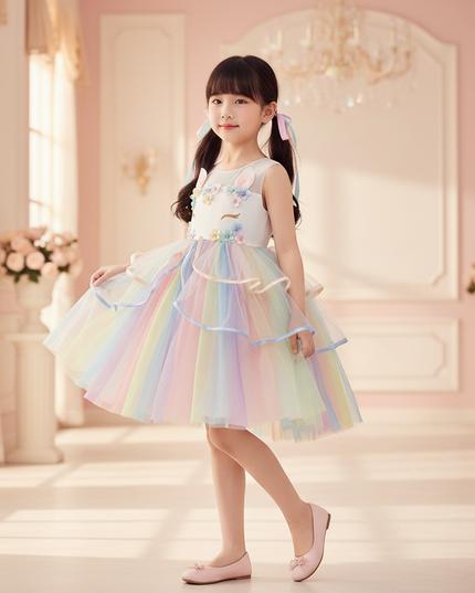 rainbow flower girl unicorn dress - front