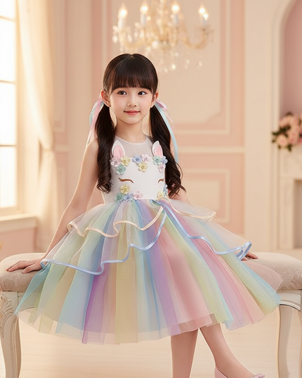rainbow flower girl unicorn dress - sitting