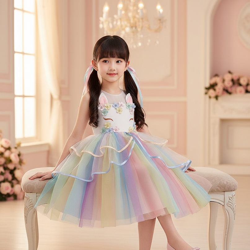 rainbow flower girl unicorn dress - sitting