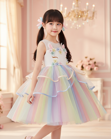 rainbow flower girl unicorn dress - three-quarter