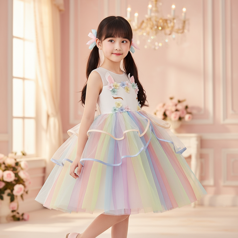 rainbow flower girl unicorn dress - three-quarter