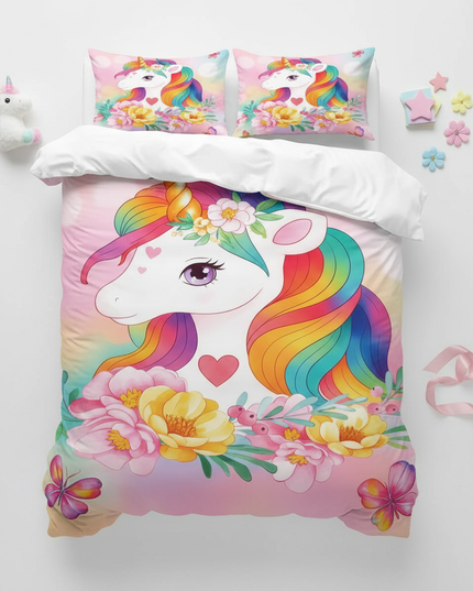 rainbow flower unicorn bedding - flat-lay