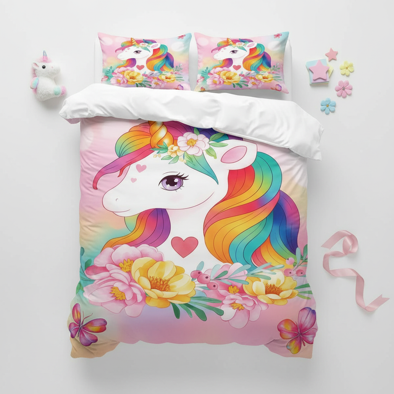 rainbow flower unicorn bedding - flat-lay