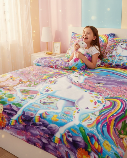 rainbow garden magical unicorn bedding - in-use