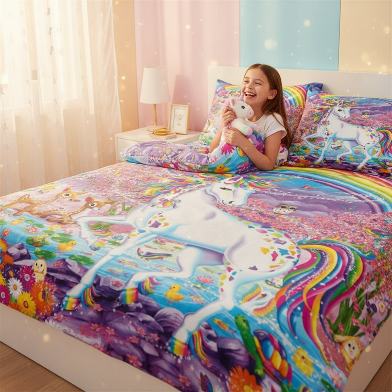rainbow garden magical unicorn bedding - in-use