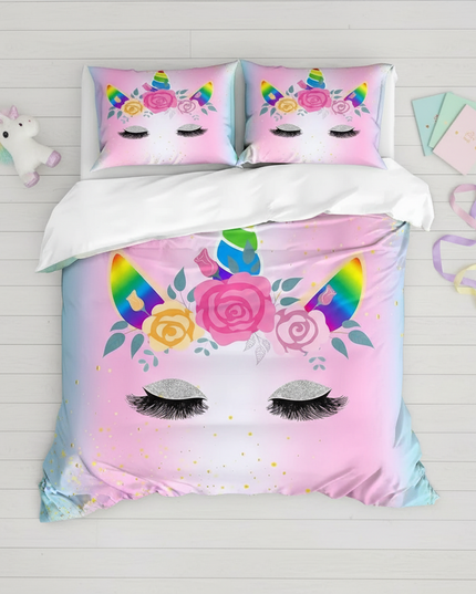 rainbow glitter unicorn bedding - flat-lay