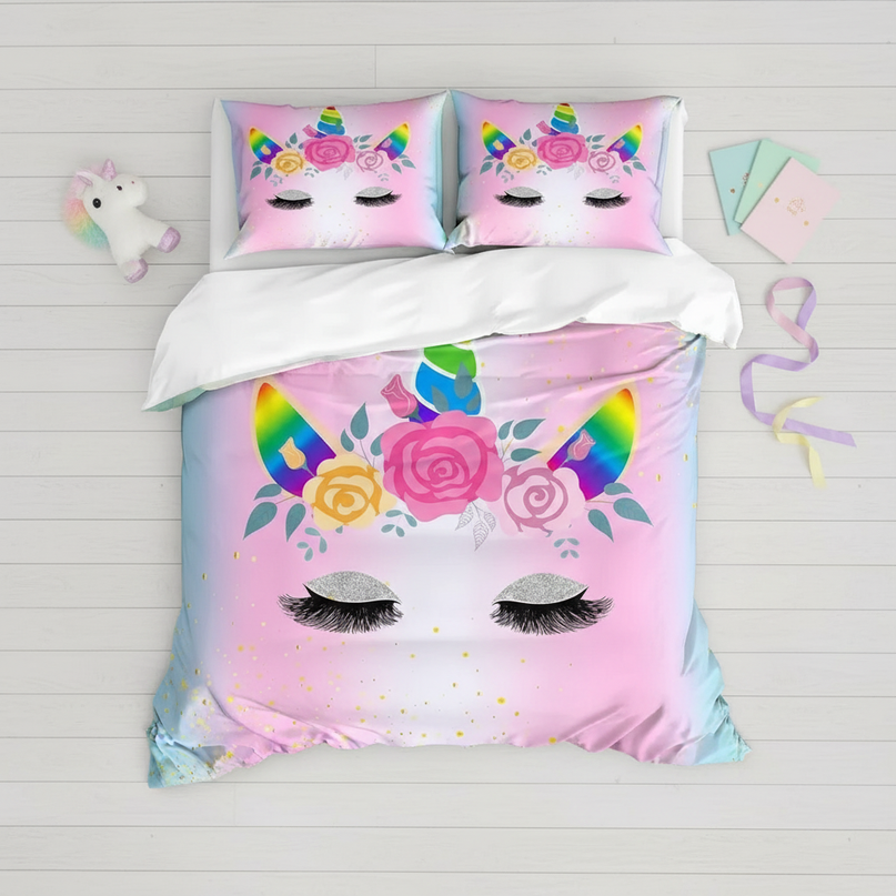 rainbow glitter unicorn bedding - flat-lay