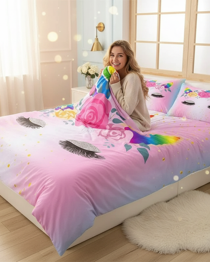 rainbow glitter unicorn bedding - in-use