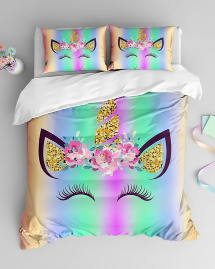 rainbow gradient unicorn bedding - flat-lay