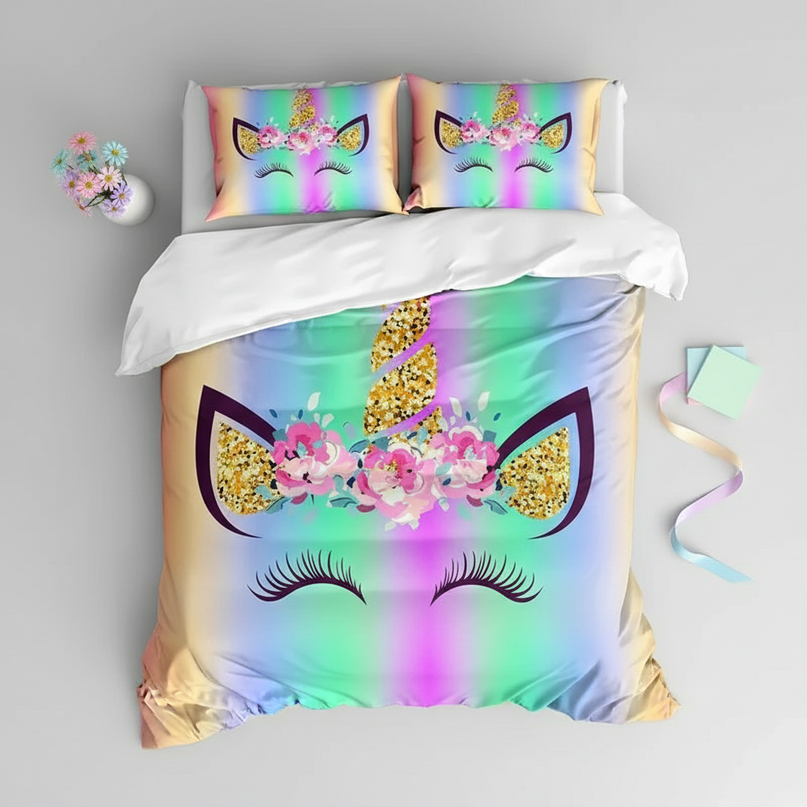 rainbow gradient unicorn bedding - flat-lay