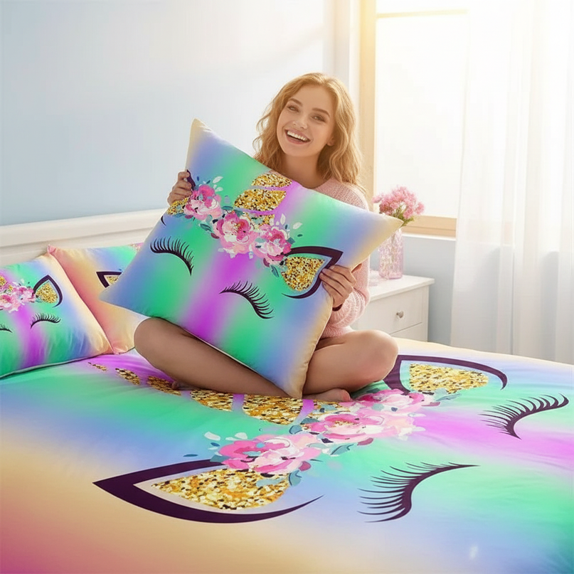 rainbow gradient unicorn bedding - in-use