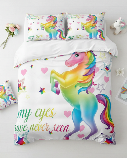 rainbow heart rearing unicorn bedding - flat-lay