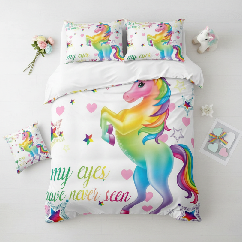 rainbow heart rearing unicorn bedding - flat-lay