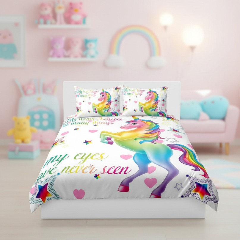 rainbow heart rearing unicorn bedding - lifestyle