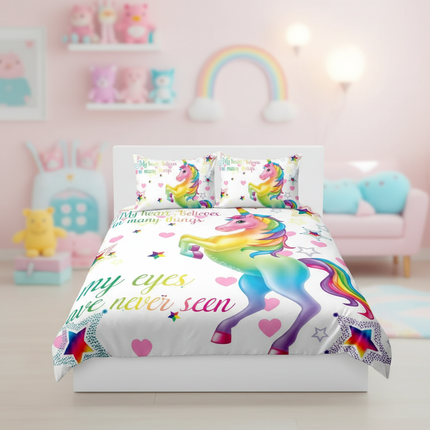 rainbow heart rearing unicorn bedding - lifestyle
