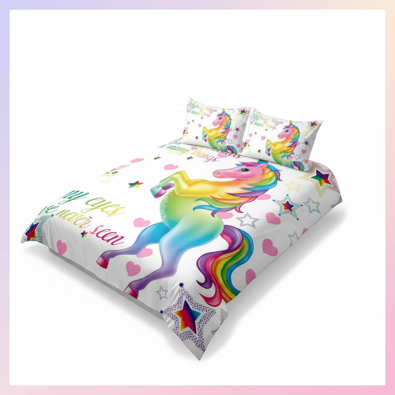 rainbow heart rearing unicorn bedding - white-bg