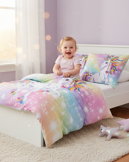 rainbow mama baby unicorn bedding - in-use
