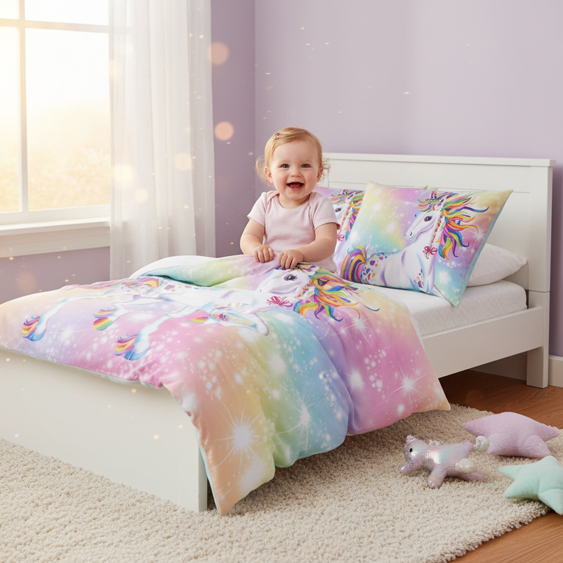 rainbow mama baby unicorn bedding - in-use