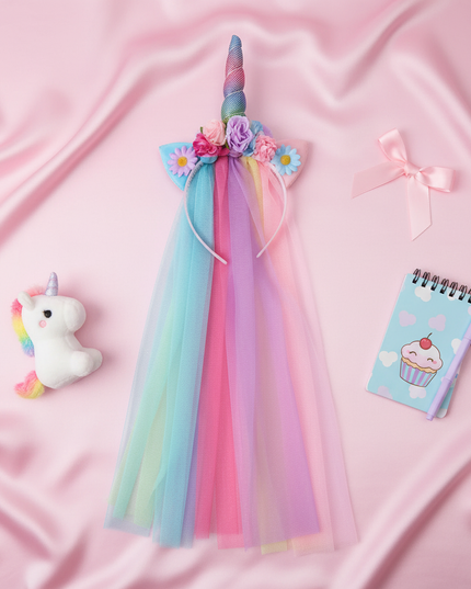 rainbow mesh unicorn headband - flat-lay