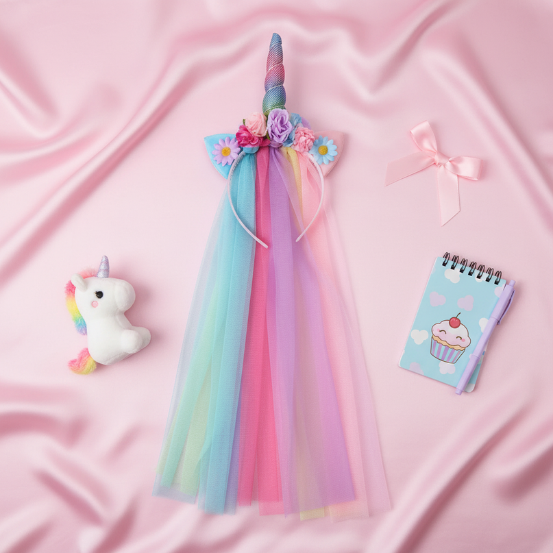rainbow mesh unicorn headband - flat-lay