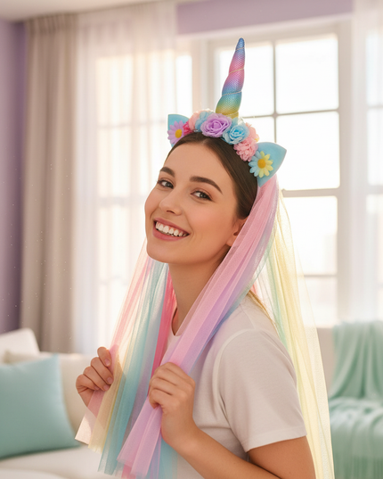 rainbow mesh unicorn headband - in-use