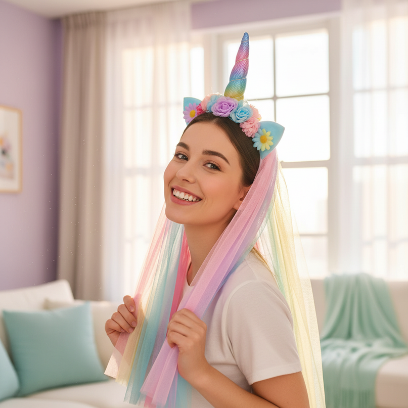 rainbow mesh unicorn headband - in-use