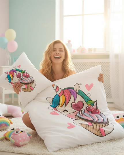 rainbow owl friends unicorn bedding - in-use