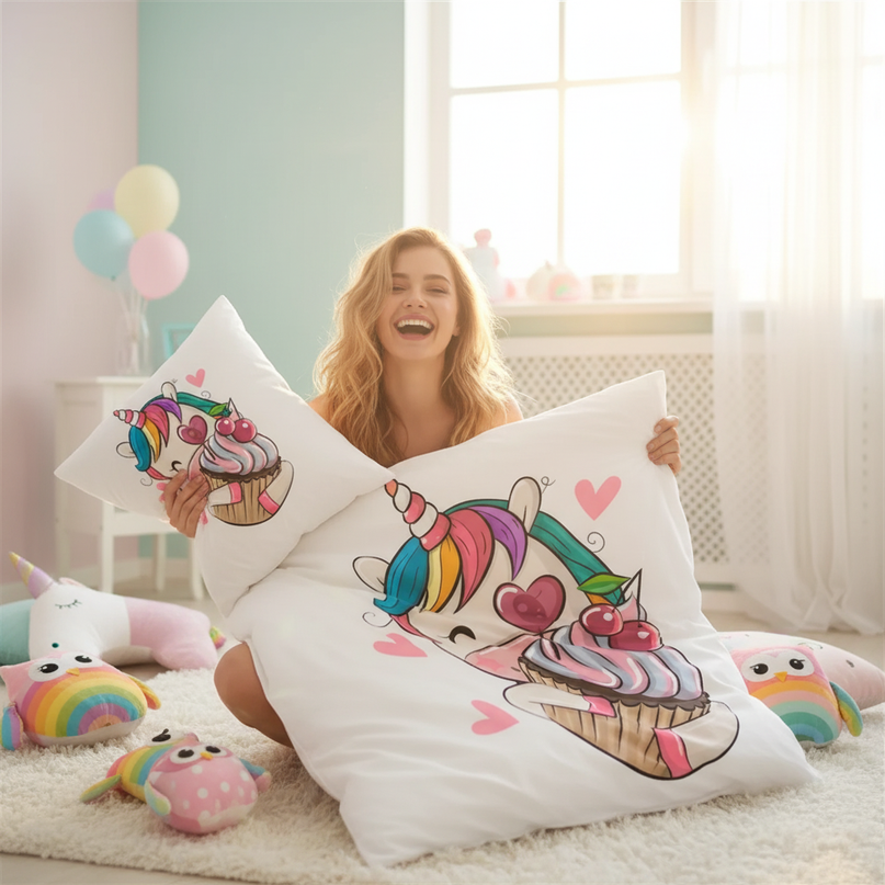 rainbow owl friends unicorn bedding - in-use