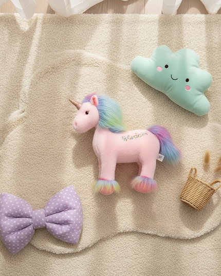 rainbow plush unicorn - flat-lay